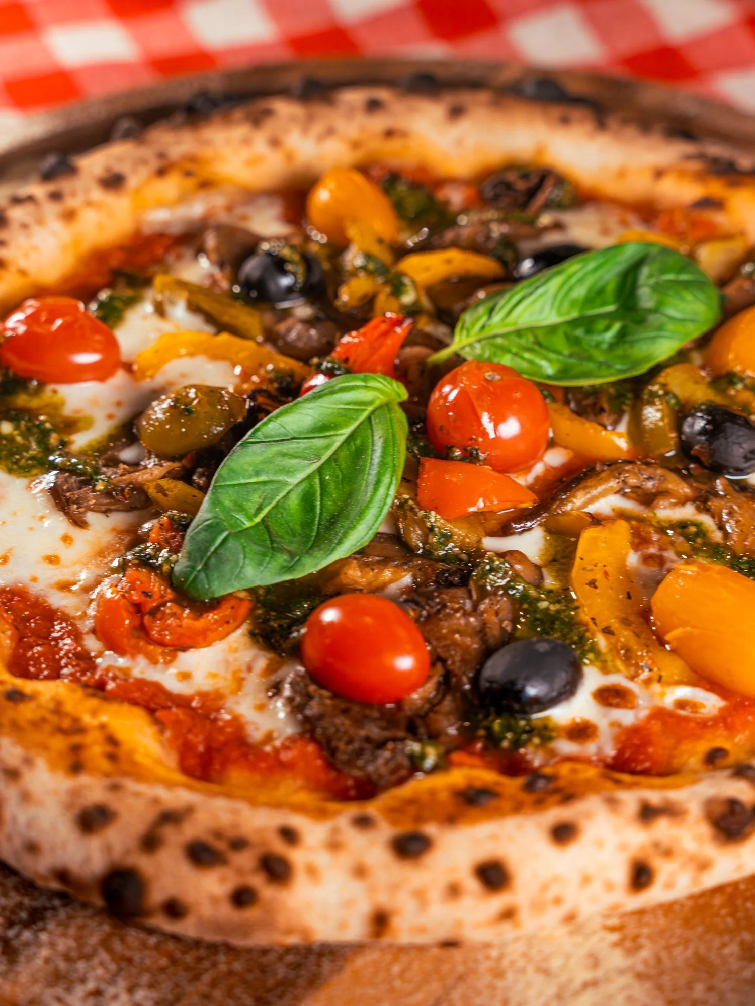 Gros plan sur une pizza aux tomates cerises et basilic